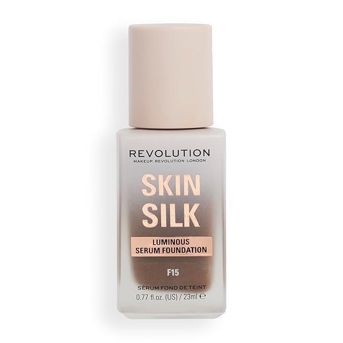 Revolution, Skin Silk Serum Foundation, Light to Medium Coverage, Lightweight & Radiant Finish, Contains Hyaluronic Acid, F15 Deep Skin Tones, 0.77 fl oz