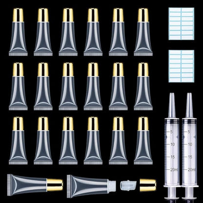 AMORIX 50PCS Lip Gloss Tubes 5ml Gold Cap Lip Gloss Containers Empty Lip Balm Tubes Refillable Squeeze Lipgloss Tubes + 2 x 20ml Syringes Tag Labels for DIY Lip Gloss Base Glitter