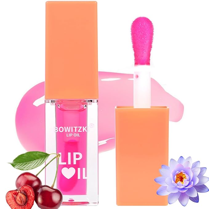 Bowitzki Lip Oil Lip Glow Gloss Hydrating Transparent Tinted Nourishing Long Lasting Lip Balm Care Moisturizing Repairing Lightening Lip Lines Blue lotus Tocopherol Squalane (Cherry)