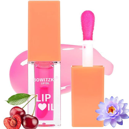 Bowitzki Lip Oil Lip Glow Gloss Hydrating Transparent Tinted Nourishing Long Lasting Lip Balm Care Moisturizing Repairing Lightening Lip Lines Blue lotus Tocopherol Squalane (Cherry)