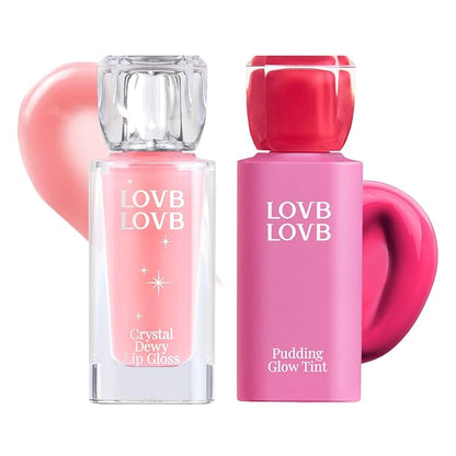 Pudding Glow Korean Lip Tint (03 CANDY BERRY) + Crystal Dewy Lip Gloss (01 PINK DOLPHIN) | K-Beauty Lip Duo | Long-Lasting & Glossy | Everyday Lip Combo | Lip Glow Set