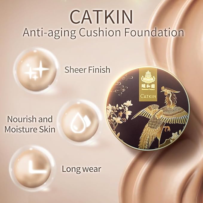 Catkin Phoenix Cushion Foundation Buildable Coverage Anti-Aging Serum Makeup, Sheer Satin Finish, Refill Included, Light Beige 0.46 Oz x 2, C02 Light Beige