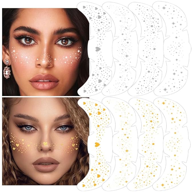 8Ps Face Glitter Speckles Patches, 2Colors 4Styles Glitter Freckles Face Tattoo, Glow Up Makeup Patches, Cute Glitter Makeup Accessories for Women, Cosmetic Glitter for Face Gift