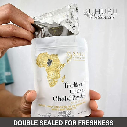 Uhuru Naturals Sahel Cosmetics Chebe Powder - Contains All-Natural Ingredients Promotes Strong and Healthy Hair Growth Helps Prevent Breakage Formulated for Dry Kinky Hair
