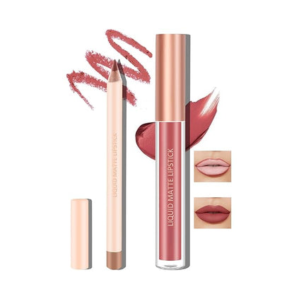 Boobeen Liquid Matte Lipstick and Lip Line Pencil Set, Nude Red Lip Makeup Longwear Waterproof Lipliner Pens & Velvet Lip Stain Lip Gloss Smooth Matte Lip Color Make Up Gift Set