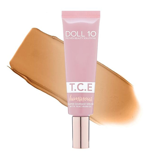 Doll 10 TCE Luminous Super Coverage Serum with Niacinamide - Full Coverage Tinted Foundation Makeup (Tan Deep)