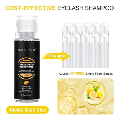 ARISON LASHES Eyelash Cleanser Concentrate 100ml Lash Extensions Shampoo Natural Foaming Cleanser DIY Non-lrritating 20 Bottles 60ml lash Shampoo（Lemon）