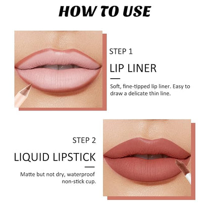 Boobeen Liquid Matte Lipstick and Lip Line Pencil Set, Nude Red Lip Makeup Longwear Waterproof Lipliner Pens & Velvet Lip Stain Lip Gloss Smooth Matte Lip Color Make Up Gift Set