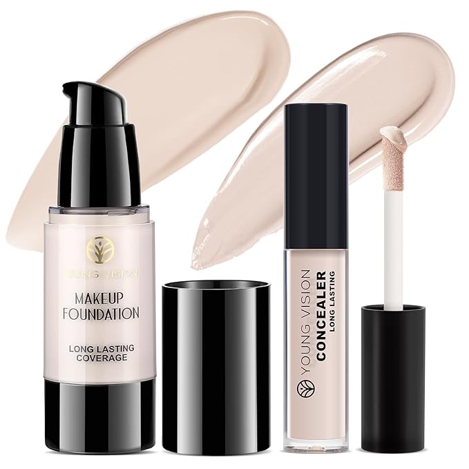 YOUNG VISION Full Coverage Liquid Foundation and Concealer Duo – Long-Wear, Lightweight, Non-Comedogenic, Hydrating, Oil-Free, Waterproof, Skin-Like Finish for All Skin Types