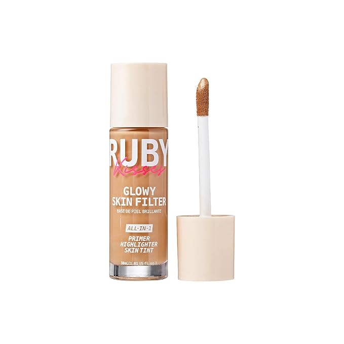 Ruby Kisses Glowy Skin Filter Foundation - All-in-1 Primer, Skin Tint & Highlighter, Hydrating Light Coverage with Squalane, Natural Dewy Finish, Luminous & Radiant Glow (Tan)