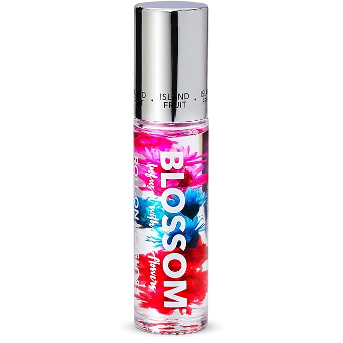 Blossom Roll on Lip Gloss, Scented Clear High Shine Moisturizing Lip Oil, Non Sticky, Infused with Real Flowers, Made in USA, 0.2oz, Island Fruit