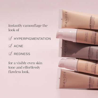 Wander Beauty Nude Illusion Liquid Foundation - Fair Light - Medium to Full Coverage Foundation - Natural Makeup with Vitamin E & Macadamia - Nude Skin Finish Blurs & Conceals - 1.01 fl oz