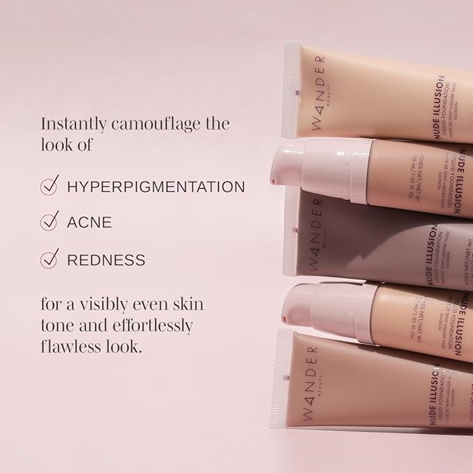 Wander Beauty Nude Illusion Liquid Foundation - Rich Deep - Medium to Full Coverage Foundation - Natural Makeup with Vitamin E & Macadamia - Nude Skin Finish Blurs & Conceals - 1.01 fl oz