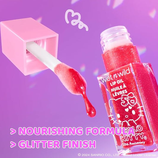 wet n wild Hello Kitty Glitter Lip Oil, New 10 Oil Infused Formula, Warm Apple Pie Lightly Scented, Sparkly Bold Colors, Cruelty-Free & Vegan - Purrfect