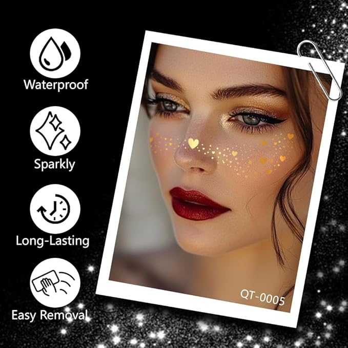8Ps Face Glitter Speckles Patches, 2Colors 4Styles Glitter Freckles Face Tattoo, Glow Up Makeup Patches, Cute Glitter Makeup Accessories for Women, Cosmetic Glitter for Face Gift