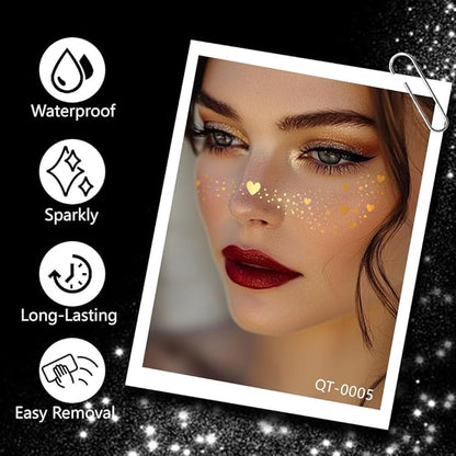 8Ps Face Glitter Speckles Patches, 2Colors 4Styles Glitter Freckles Face Tattoo, Glow Up Makeup Patches, Cute Glitter Makeup Accessories for Women, Cosmetic Glitter for Face Gift