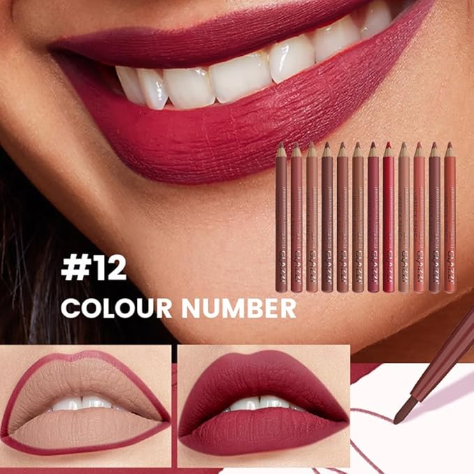 12PCS Matte Lip Liner Set - Long Lasting High-Pigmented Lip Pencils with Sharpener, Natural Nude Brown Maroon Plum Shades for Shaping & Daily Lip Makeup (12 Colors)