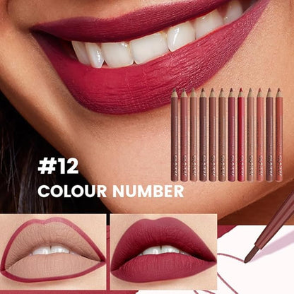 12PCS Matte Lip Liner Set - Long Lasting High-Pigmented Lip Pencils with Sharpener, Natural Nude Brown Maroon Plum Shades for Shaping & Daily Lip Makeup (12 Colors)