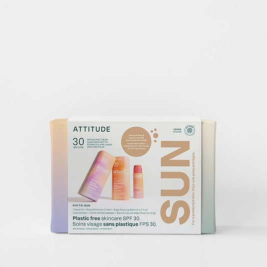 ATTITUDE Oceanly Suncare SPF 30 Routine Skincare Box Set, EWG Verified, Plastic-Free, Broad Spectrum UVA/UVB Protection with Zinc Oxide, Vegan, Unscented, Set of 3 Travel Size Sticks