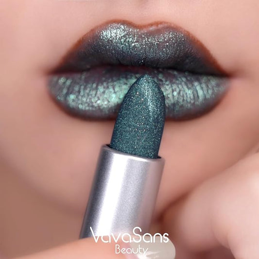Vegan Glitter Lipstick Turquoise Shimmer Metallic Sparkling Blue Green Shade Long Lasting Waterproof Non-Sticky Formula Diamond Shiny Highly Pigmented Lip Stick for Women
