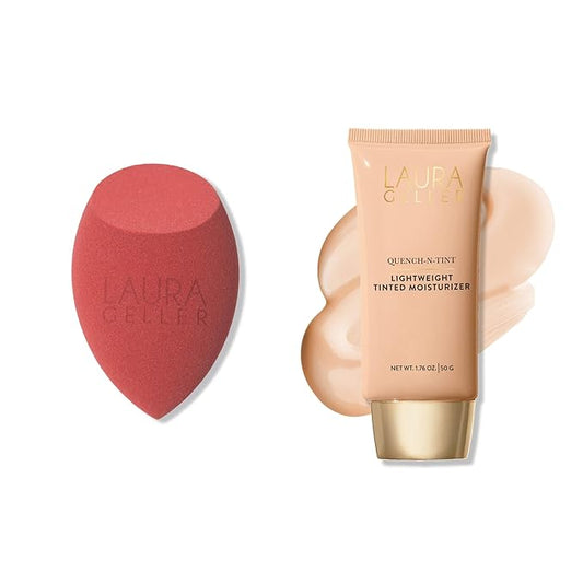 LAURA GELLER Quench-n-Tint Hydrating Lightweight Tinted Moisturizer, Porcelain/Fair + Latex-Free Full Face Makeup Blending Sponge - Sheer Foundation for Daily Use