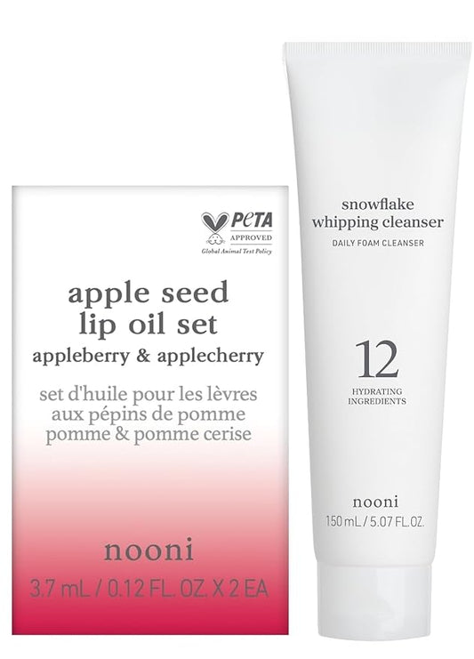 NOONI Korean Vegan Appleseed Lip Oil Set - Appleberry & Applecherry + Korean Facial Clenaser - Snowflake Whipping Cleanser 5.07 Fl Oz Bundle