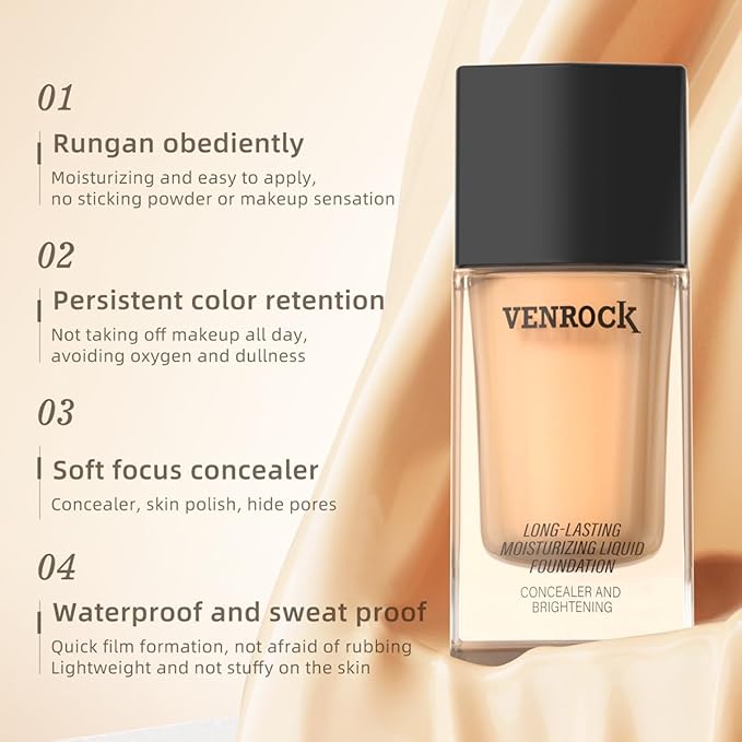 Long-Lasting Moisturizing Liquid Foundation, Waterproof, Concealer with Brightening Effect (02# Beige, 30ml)