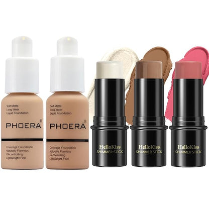 Hilareco PHOERA Foundation,3 PCS Contour Stick Makeup Kit,Shades with Highlighter Stick,Blush Stick and Bronzer Contour (104+105+Medium Contour/Buff Beige+Sand+#04,#07,#14)
