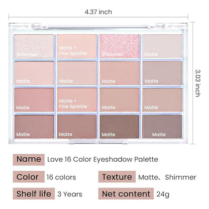 16Colors Light Beige Coral Brown Basics Matte Eyeshadow Palette,Eye Shadow Travel Makeup Palette all in one Long Lasting Waterproof Ultra-Blendable,Great for Travel Gift Kit