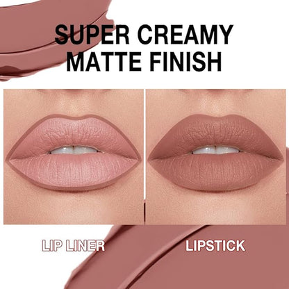 Kaely Nude Brown Gradient Matte Lipstick Lip Liner Pencil for Women, 2in1 Flawless Contour Gradual Ombre Effect Lip Pencil Makeup Waterproof, labiales mate 24 horas originales, 18