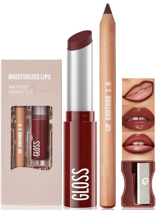 2 Pcs Lipstick and Lip Liner Set Hydrating Lip Tint Non-Sticky Lightweight Lip Balm Plumping Lip Kit for Women Matte Lip Pencil Long Lasting Gradient Glossy Lip Combo with Sharpener, 04