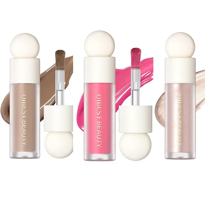 MEICOLY Soft Pinch Liquid Blush & Dewy Cheek Tint, Matte Finish Liquid Contour, Highlight Bronzer Stick Set - Pearl White Highlighter + Rose Pink Blush + Contour
