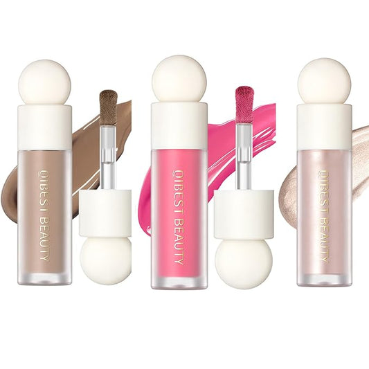 MEICOLY Soft Pinch Liquid Blush & Dewy Cheek Tint, Matte Finish Liquid Contour, Highlight Bronzer Stick Set - Pearl White Highlighter + Rose Pink Blush + Contour