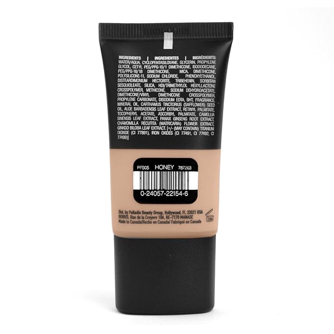 Palladio Powder Finish Liquid Foundation, Natural Matte Appearance, Reduces Fine Lines, Covers Large Pores, Hides Imperfections, All Day Wear, Sheer to Medium Coverage, Honey