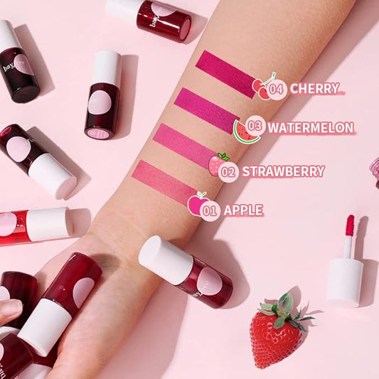 2 Colors Lip Stain Tint Set,Liquid Lipstick Mini Velvet Lip Tint Hydrating Lip Stain Moisturizing Long Wear Lip Gloss Makeup (2#Strawberry+4#Cherry)