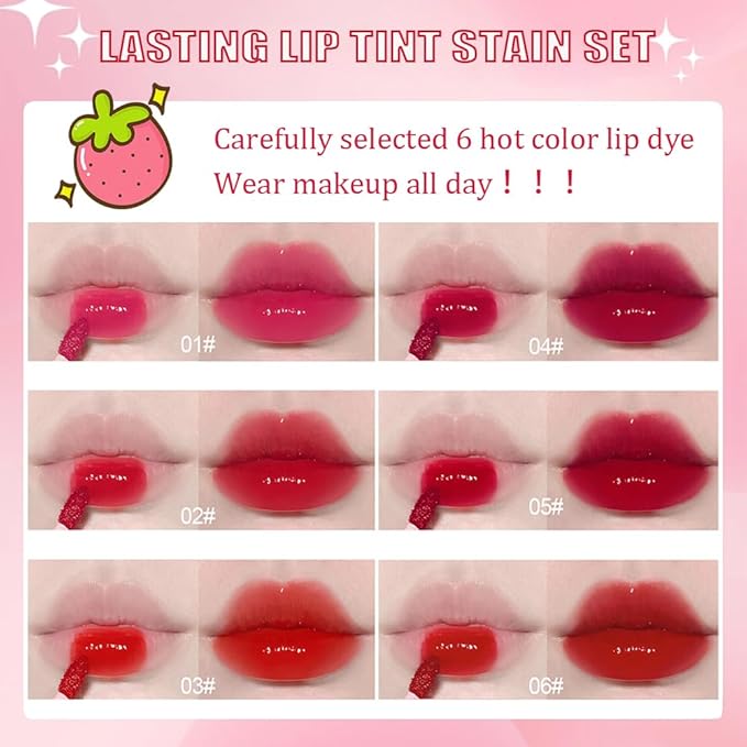 6 Colors Lip Tint Stain Set,Plumping Mini Liquid Lipstick,Multi-use Lip and Cheek Tint, Long lasting Non-Stick Cup Waterproof, High Pigment, Vivid Color, Lip Tint Makeup