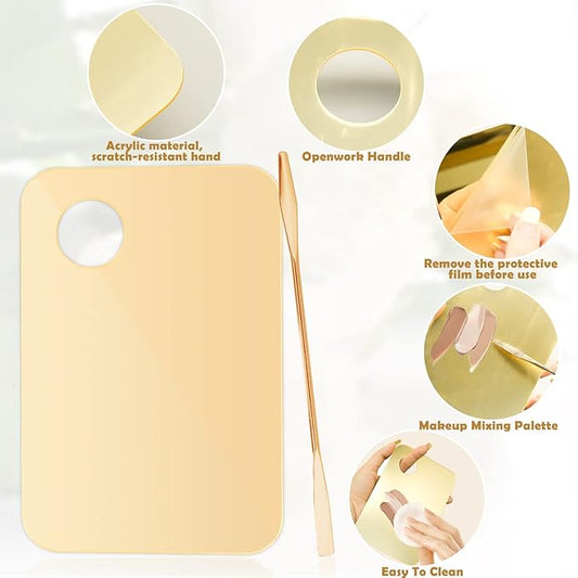 CANIPHA 2Pcs Acrylic Makeup Mixing Palette with 2 Pcs Makeup Spatula, Gold Foundation Mixing Tray Cosmetic Palette Mixer for Foundation, Eyeshadow, Lipsticks, Nail Art