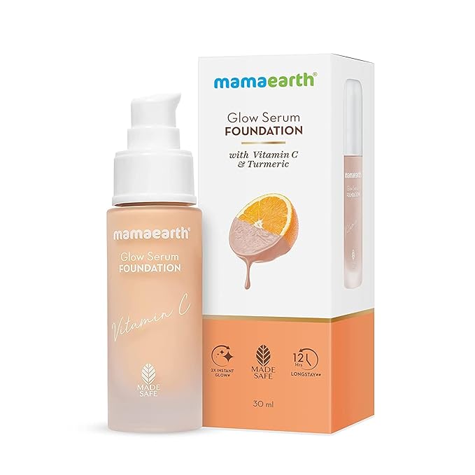 Mamaearth Glow Serum Foundation - 05 Beige Glow Shade | with Vitamin C & Turmeric | Up to 12 Hour Buildable Coverage | Waterproof & Lightweight | 1.01 Fl Oz (30ml)