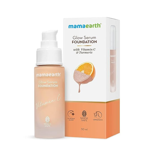 Mamaearth Glow Serum Foundation - 05 Beige Glow Shade | with Vitamin C & Turmeric | Up to 12 Hour Buildable Coverage | Waterproof & Lightweight | 1.01 Fl Oz (30ml)