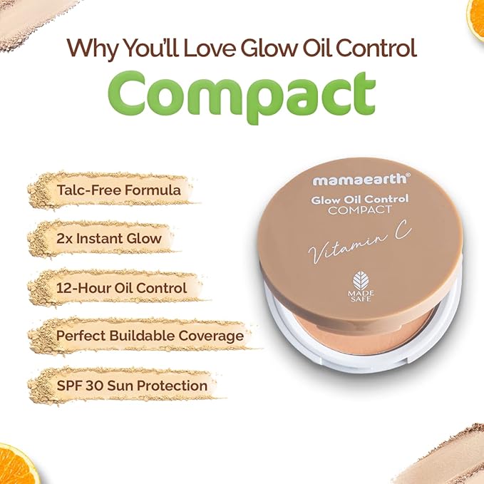 Mamaearth 12-Hour Oil Control Pressed Powder with SPF 30 (Almond Glow Shade) | Long Lasting Matte Finish with Buildable Coverage | Sun Protection with Vitamin C | Talc-Free | 0.32 Oz/9g
