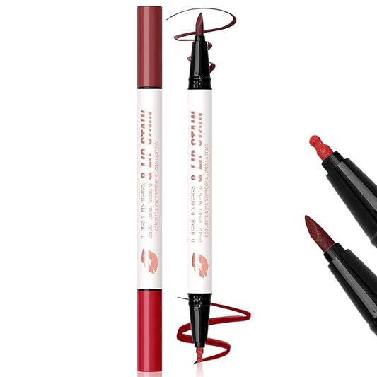 Brown Liquid Lip Liner Red Lip Stain Marker Pen, 2in1 Double Head 2 Color Lip Tint Pencil, Long Lasting Smudge Proof Lightweight Natural Matte Finish All Day Wear Cherry Lip Combo for Women