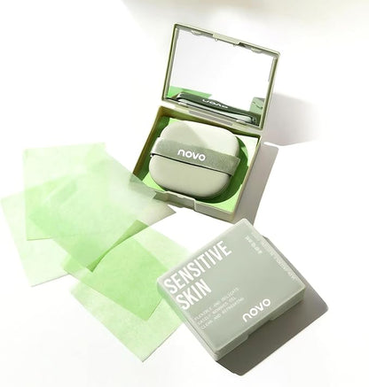 Novo Oil Absorbing Sheets with Mirror & Powder Puff – 100 Sheets, Instant Shine Control, Portable & Travel-Friendly, Convenient Oil Control, Non-Greasy Skin, Easy to Use, Unisex