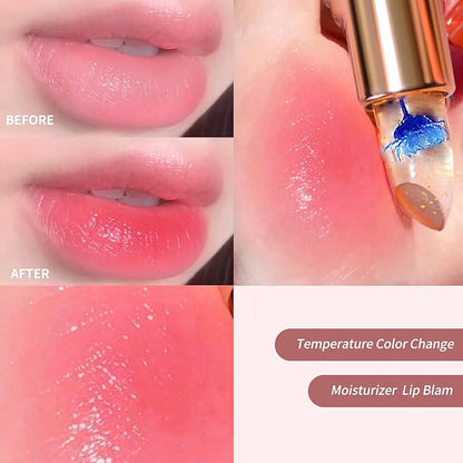 BLUE LOVE 2PCS Color Changing Flower Lipstick - Hydrating Jelly Lip Balm with Flower, Long-Lasting Moisturizer & Nourishing Lip Gloss (Gold&Pink)