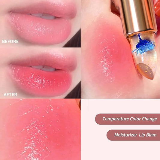 BLUE LOVE 2PCS Color Changing Flower Lipstick - Hydrating Jelly Lip Balm with Flower, Long-Lasting Moisturizer & Nourishing Lip Gloss (Gold&Pink)