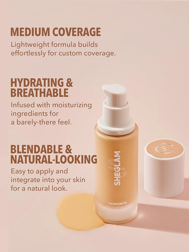 SHEGLAM Skinfinite Hydrating Foundation Flawless Dewy Foundation Hydrating Coverage Invisible Pore Concealer Pore-less Non-Greasy Lightweight Natural Soft Liquid Foundation-Porcelain