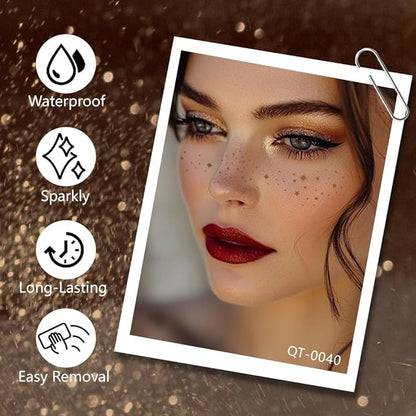 8Ps Face Glitter Speckles Patches, Brown Glitter Freckles Face Tattoo, Glow Up Makeup Patches, Cute Glitter Makeup Accessories for Women, Cosmetic Glitter for Face Gift