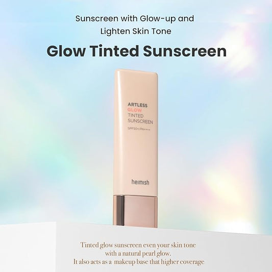 HEIMISH Artless Glow Tinted Sunscreen, Multipurpose Makeup Base, Primer, Highlighter, Lightweight, Non-greasy, Hydrating, Natural Finish with SPF 50+ PA+++, 1.35fl.oz/40ml, Shine Beige