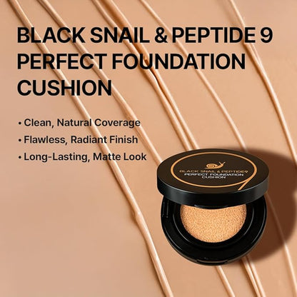Farmstay Black Snail & Peptide 9 Perfect Cushion Foundation | Full Coverage, Lightweight, Skin-Fit, Smooth Radiant Finish, Korean Cushion Foundation (#25 Sand Beige, 0.53 Fl Oz)