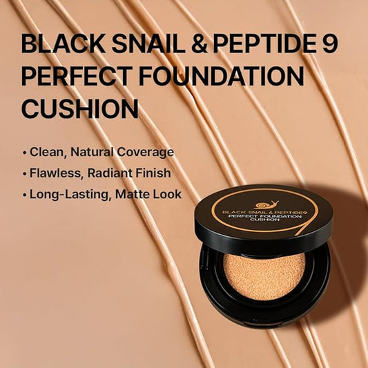 Farmstay Black Snail & Peptide 9 Perfect Cushion Foundation | Full Coverage, Lightweight, Skin-Fit, Smooth Radiant Finish, Korean Cushion Foundation (#25 Sand Beige, 0.53 Fl Oz)