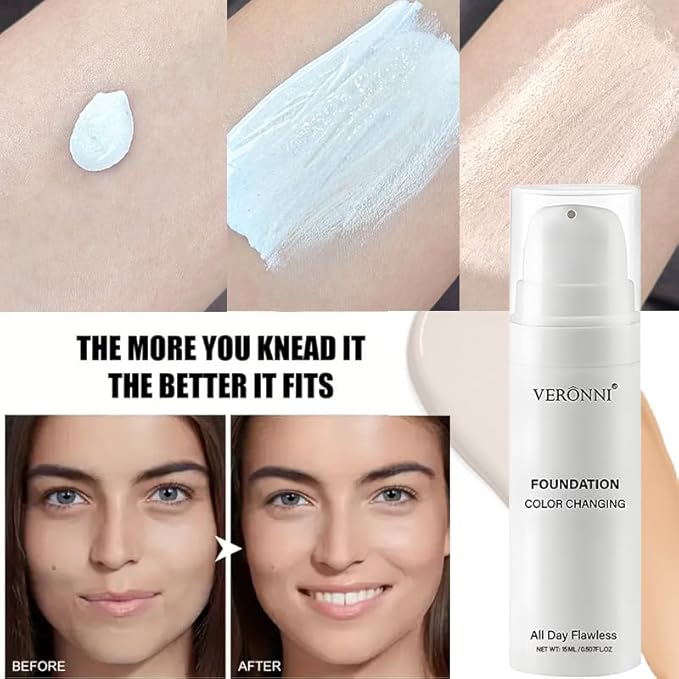 Color Changing Foundation 15ML, Liquid Makeup Colour Changing Full Coverage Flawless White Foundation with Conceale Long Lasting Moisturizing for All Skin Tones